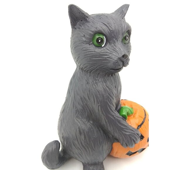 Unmarked Black Cat Halloween Hold Pumpkin Jack Lantern Resin/Ceramic? Figurine - Picture 4 of 10